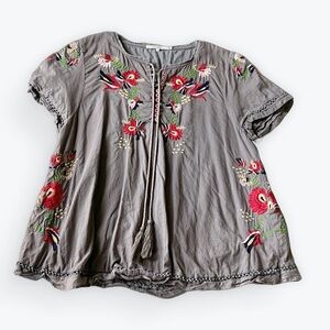 Tularosa Charcoal Blouse with Vibrant Embroidery
